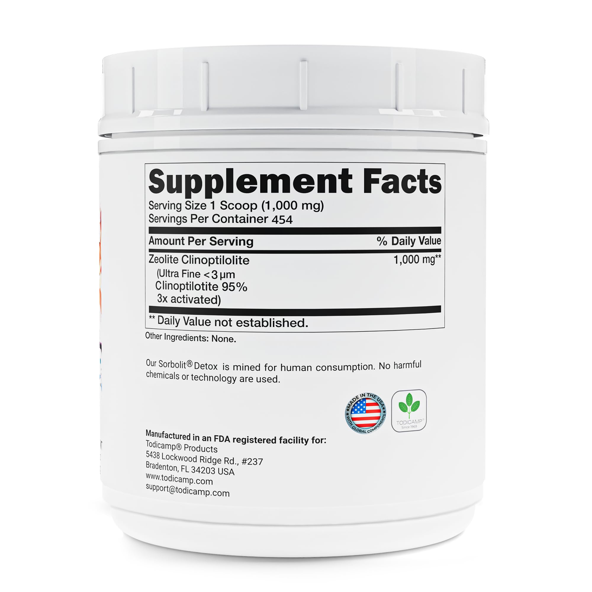 Todicamp Zeolite Detox pour showing simple dosing for gut and liver care.