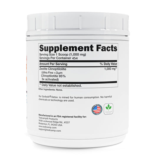 Todicamp Zeolite Detox pour showing simple dosing for gut and liver care.