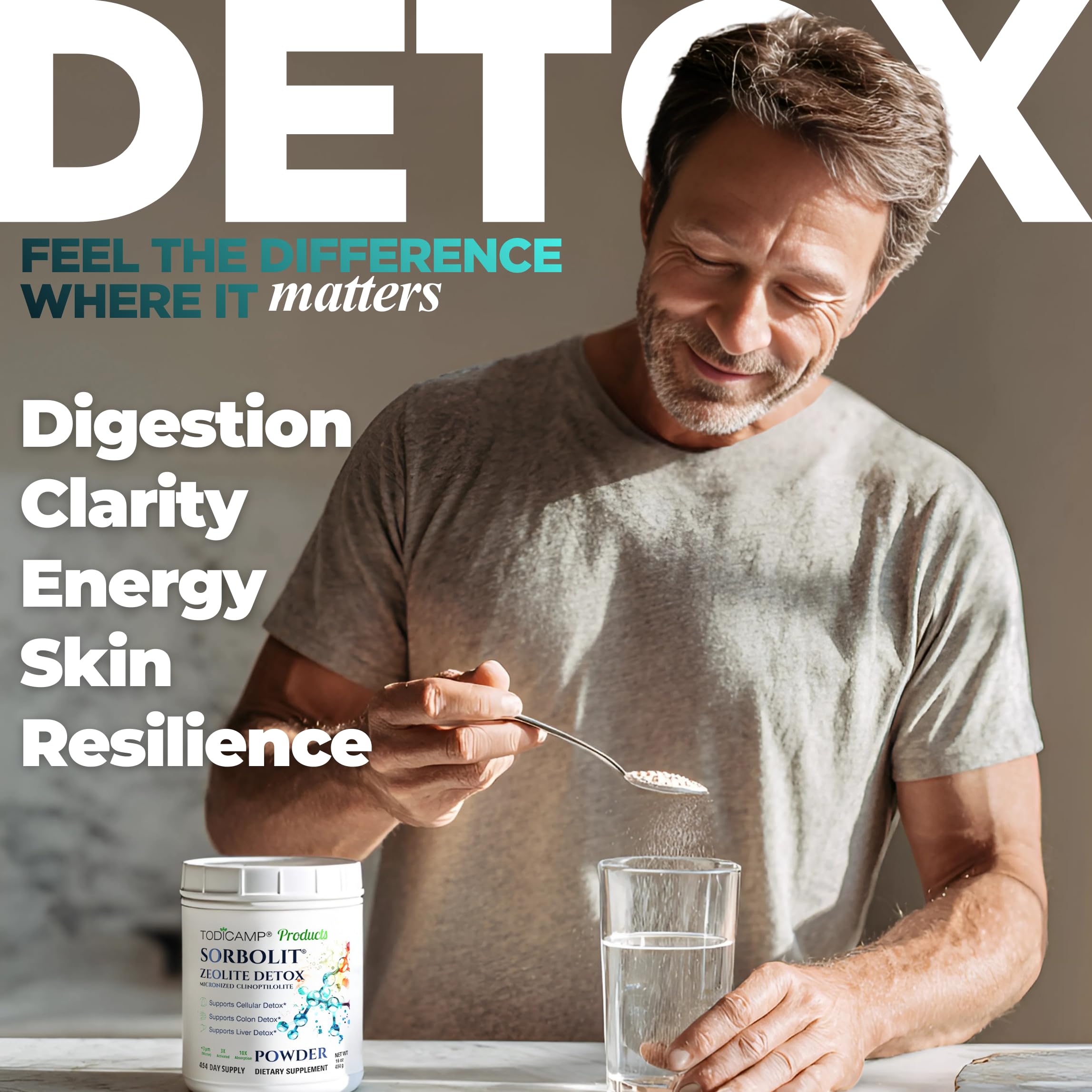 Todicamp Zeolite Detox powder closeup highlighting ultra-fine texture for thorough absorption.