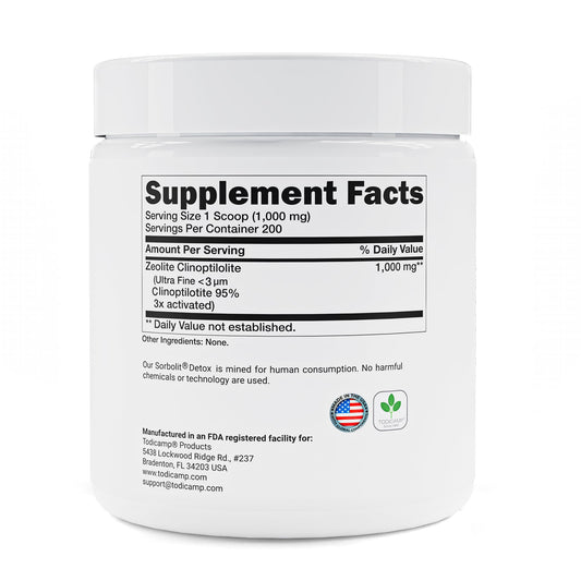 TODICAMP Zeolite Detox powder pour highlights quick toxin binding action.