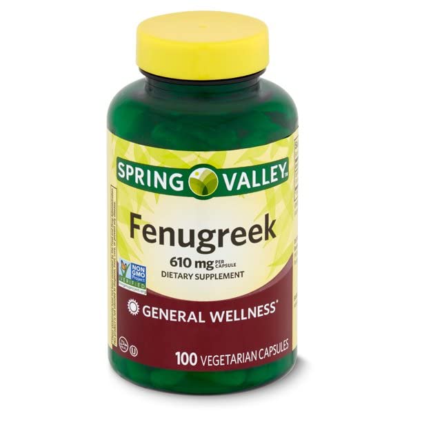 Toeah Spring Valley Fenugreek capsules side view highlighting 610 mg dosage.