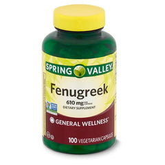 Toeah Spring Valley Fenugreek capsules side view highlighting 610 mg dosage.