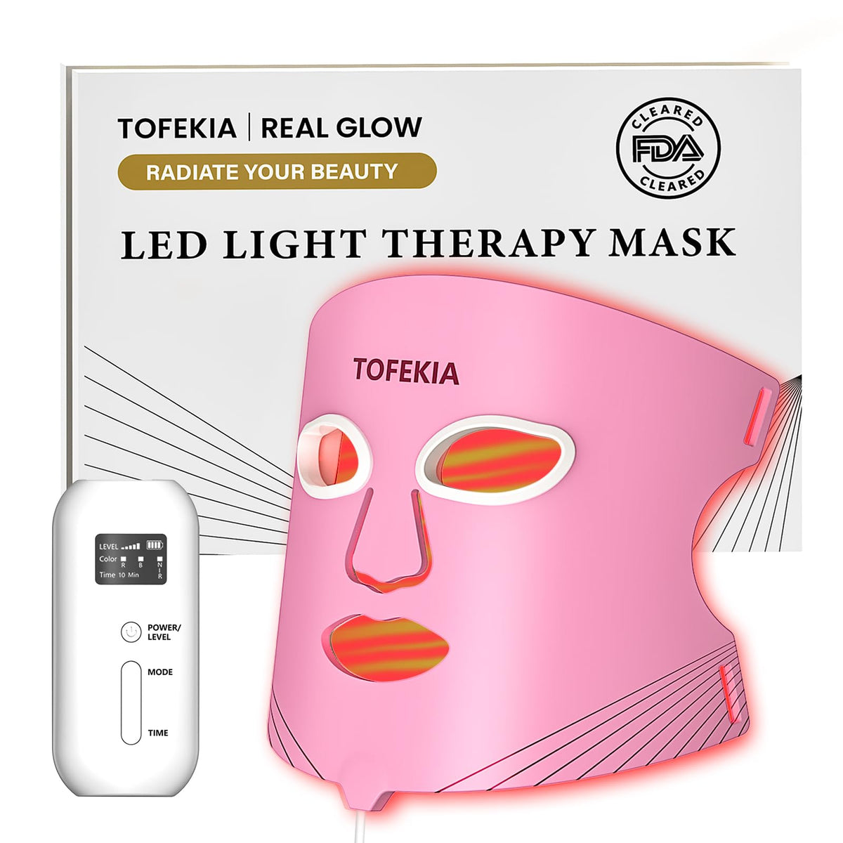 TOFEKIA red light mask on face for balanced complexion and acne support.