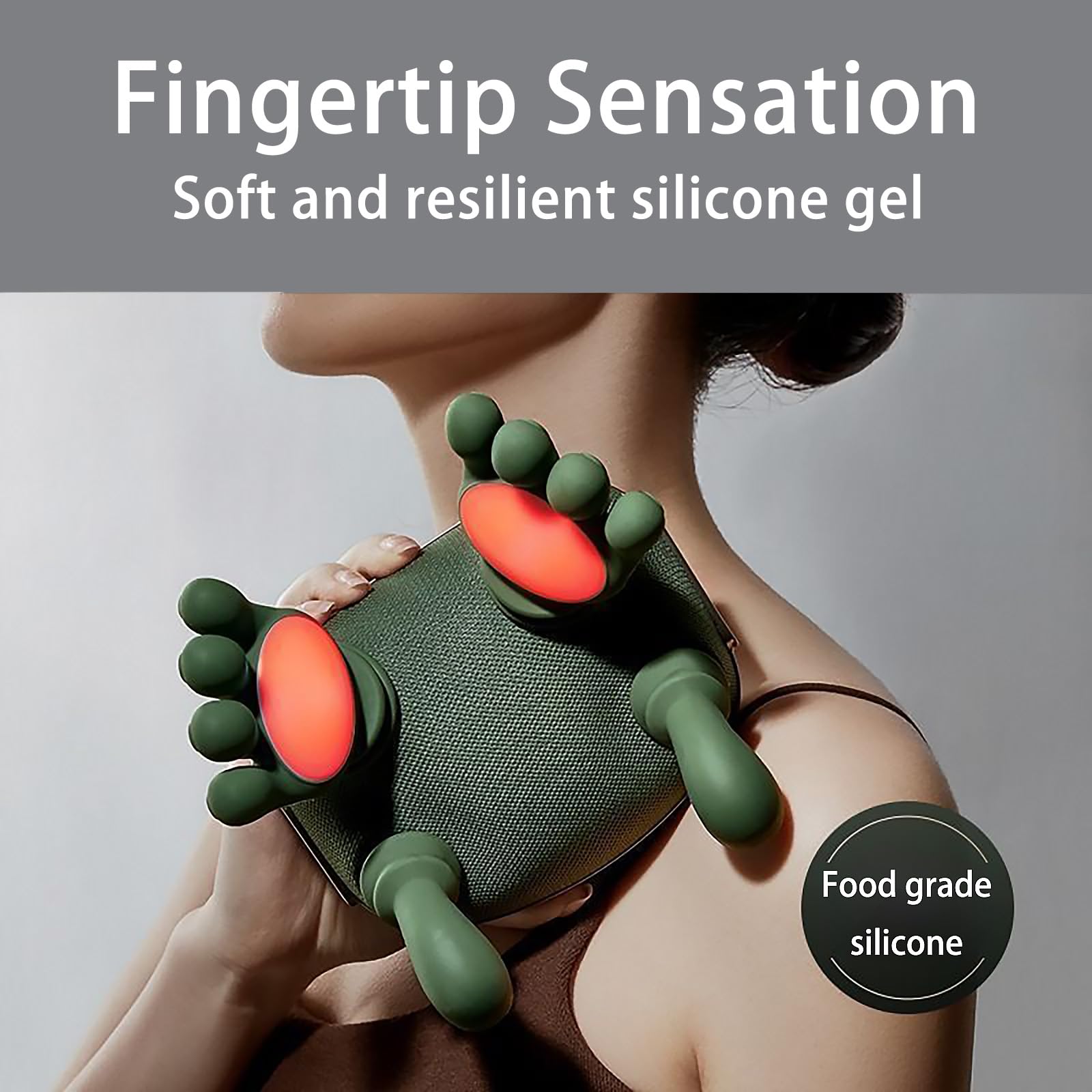 TOlegen-strap-secured-green massager demonstrates hands-free wear during activities