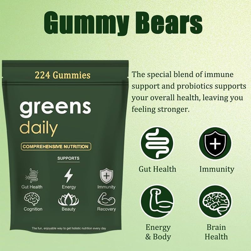 TOGOLIUN Greens Gummies closeup shows chewy texture and vibrant color