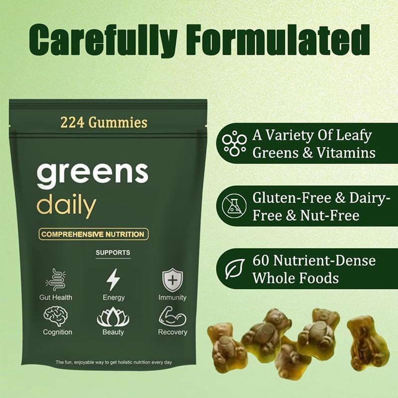 TOGOLIUN Greens Gummies pour illustrates convenient daily nutrition anytime