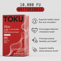 Toku Flow vitamin K2 MK7 180mcg supports calcium guidance toward bones.