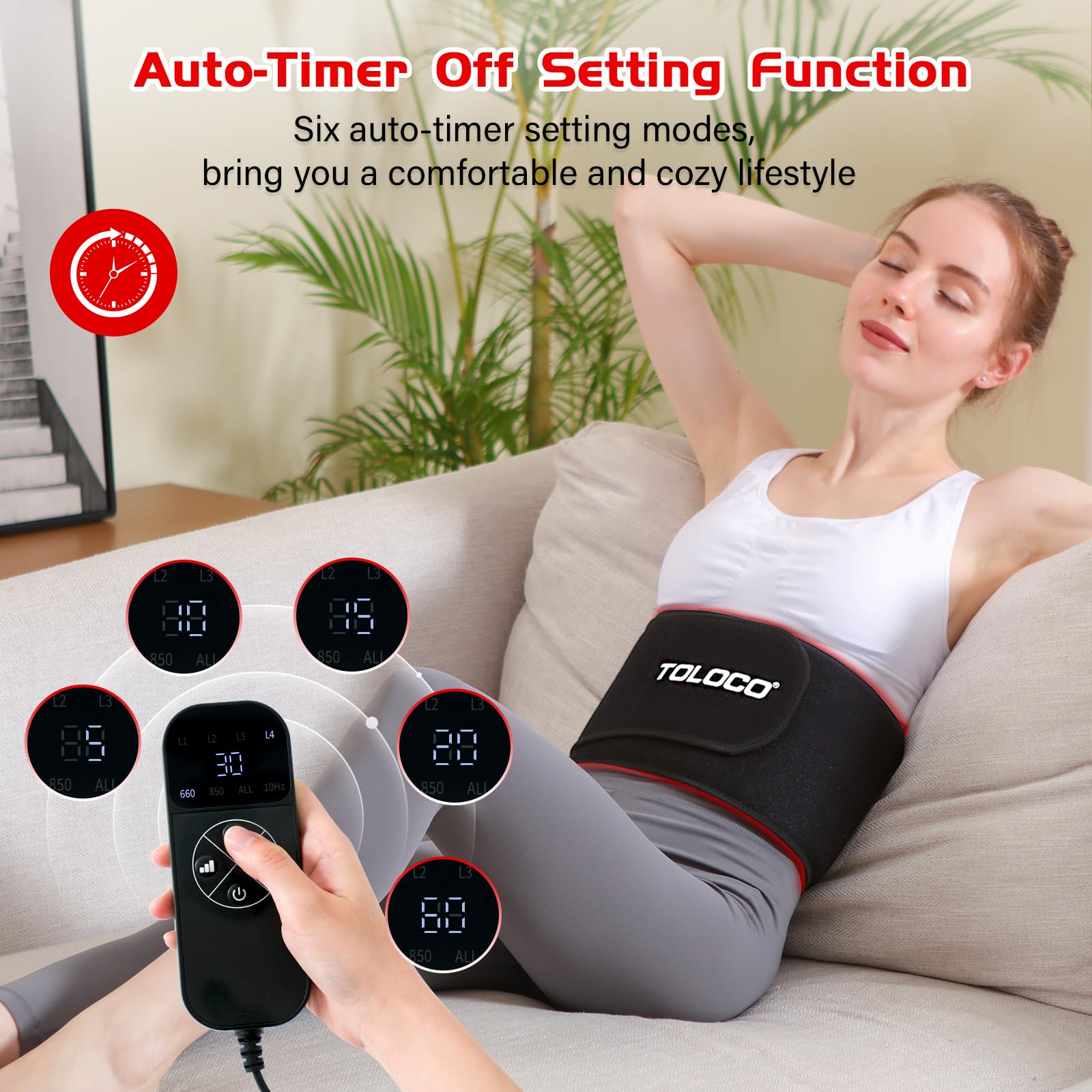 TOLOCO infrared therapy belt side view wrapped for comfortable positioning.
