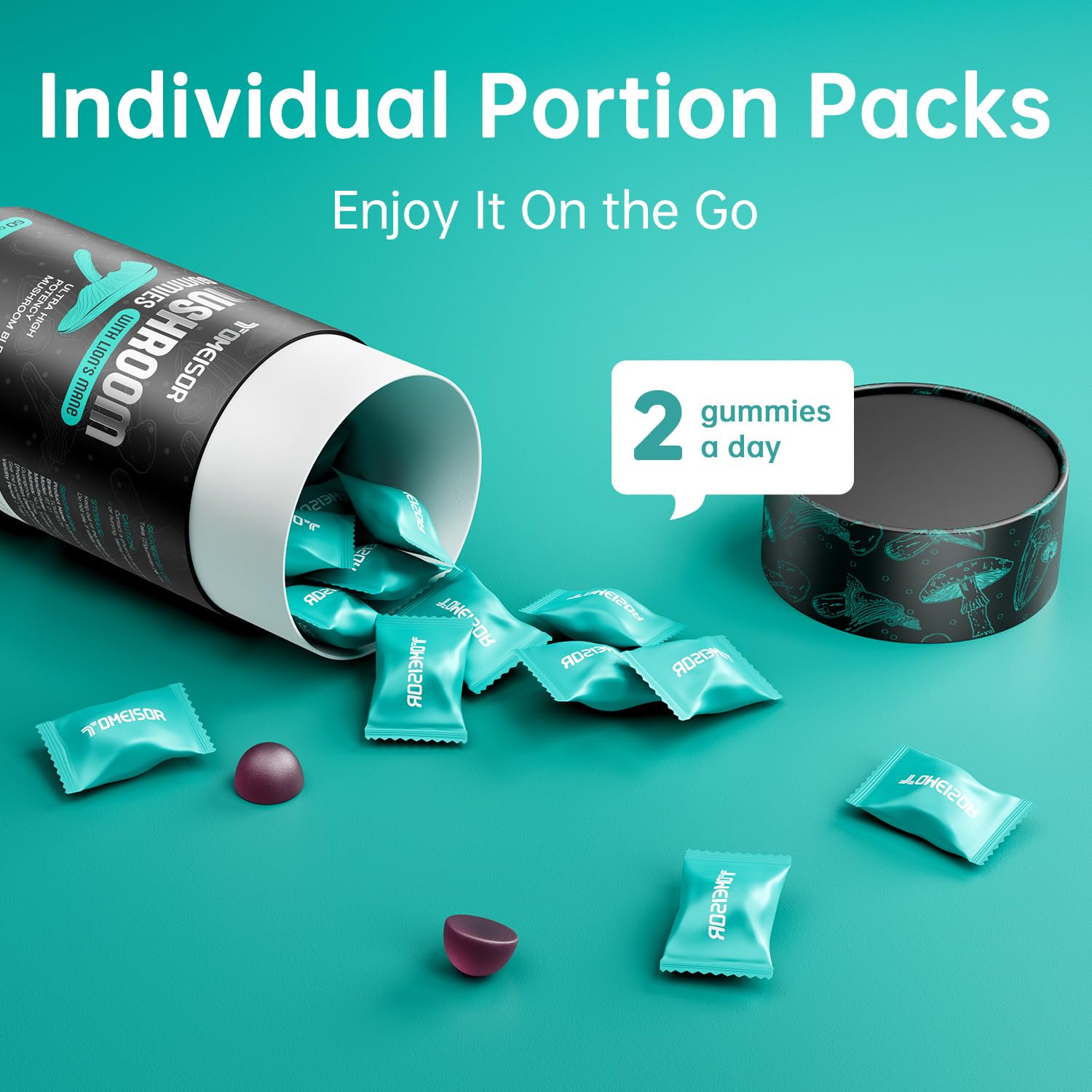 TOMEISOR Lions Mane Gummies gluten-free packaging suitable for various diets.