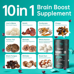 TOMEISOR Lions Mane Gummies packaging front highlighting 10-in-1 blend.