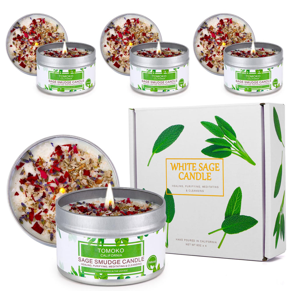 Tomoko White Sage Candle 4 Pack creates long-lasting ambient scent for meditation.