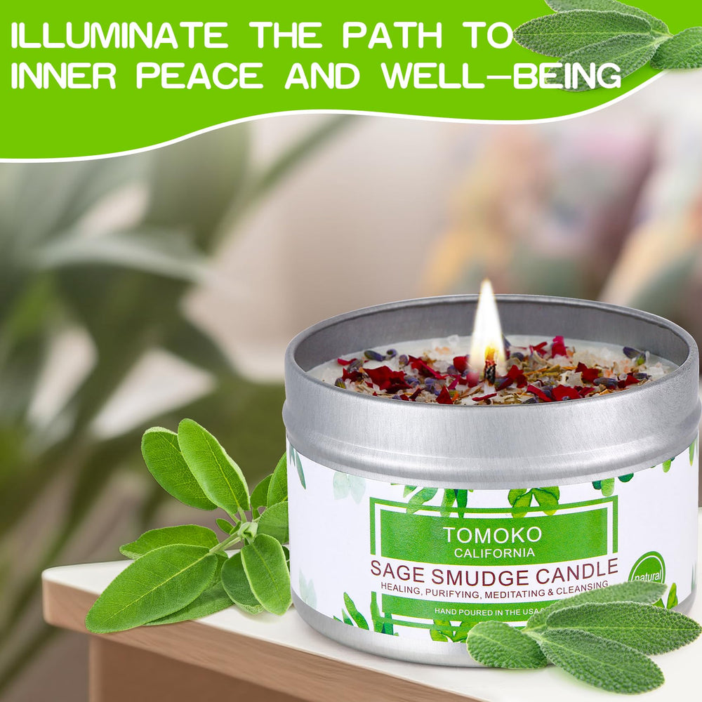 Tomoko White Sage Candle burning to offer calming, inviting ambiance.