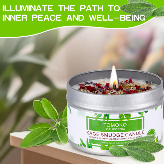 Tomoko White Sage Candle burning to offer calming, inviting ambiance.