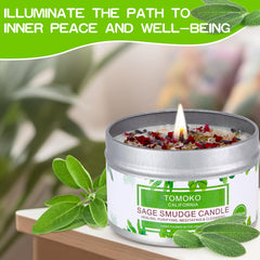 Tomoko White Sage Candle burning to offer calming, inviting ambiance.