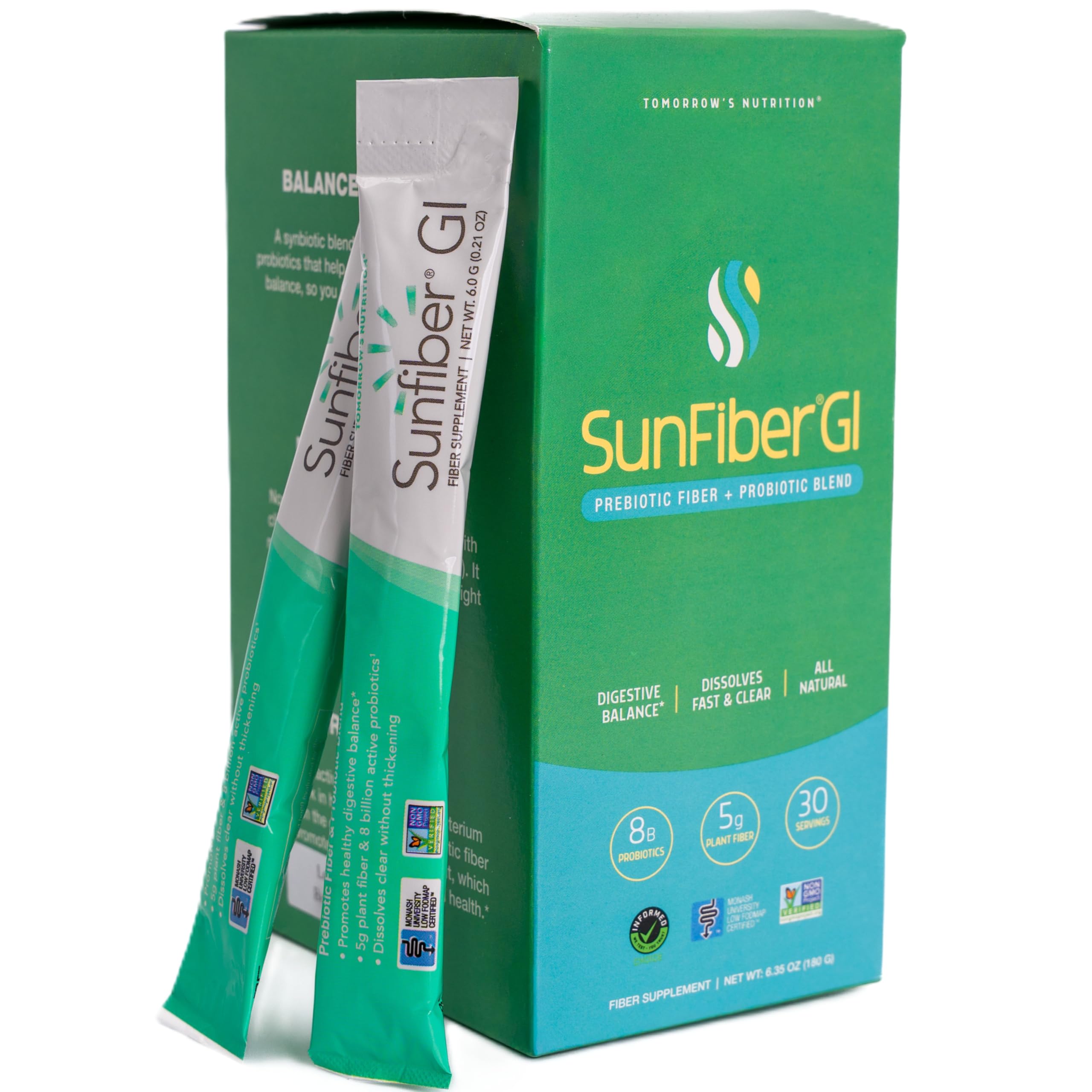 Tomorrow's Nutrition Sunfiber GI bottle pour for easy daily synbiotic support.