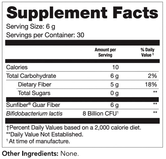 Sunfiber GI bottle showing 5g prebiotic fiber and 8B probiotics.