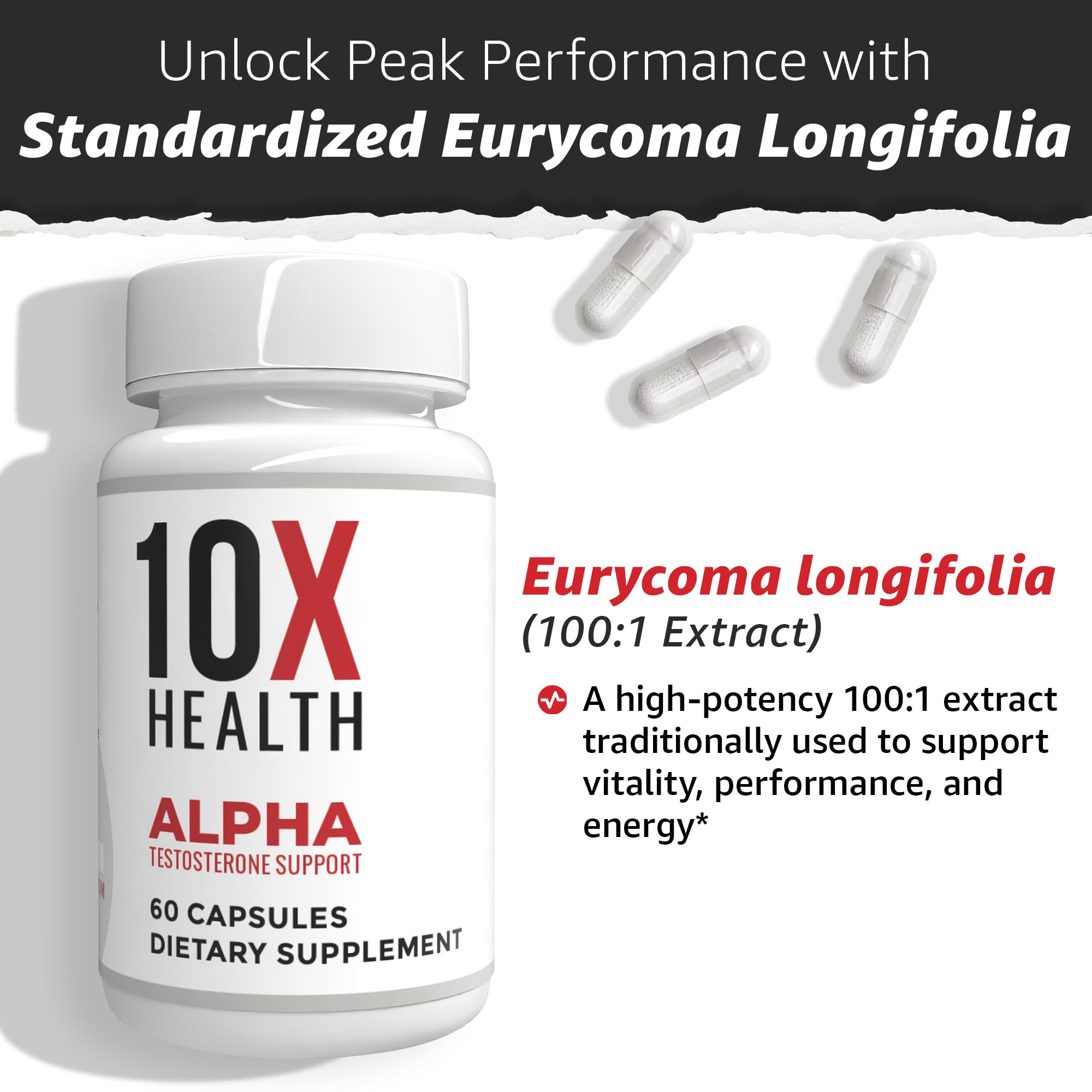 Tongkat Ali 1000mg label close-up, 10X Alpha potency highlighted.