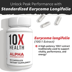 Tongkat Ali 1000mg label close-up, 10X Alpha potency highlighted.