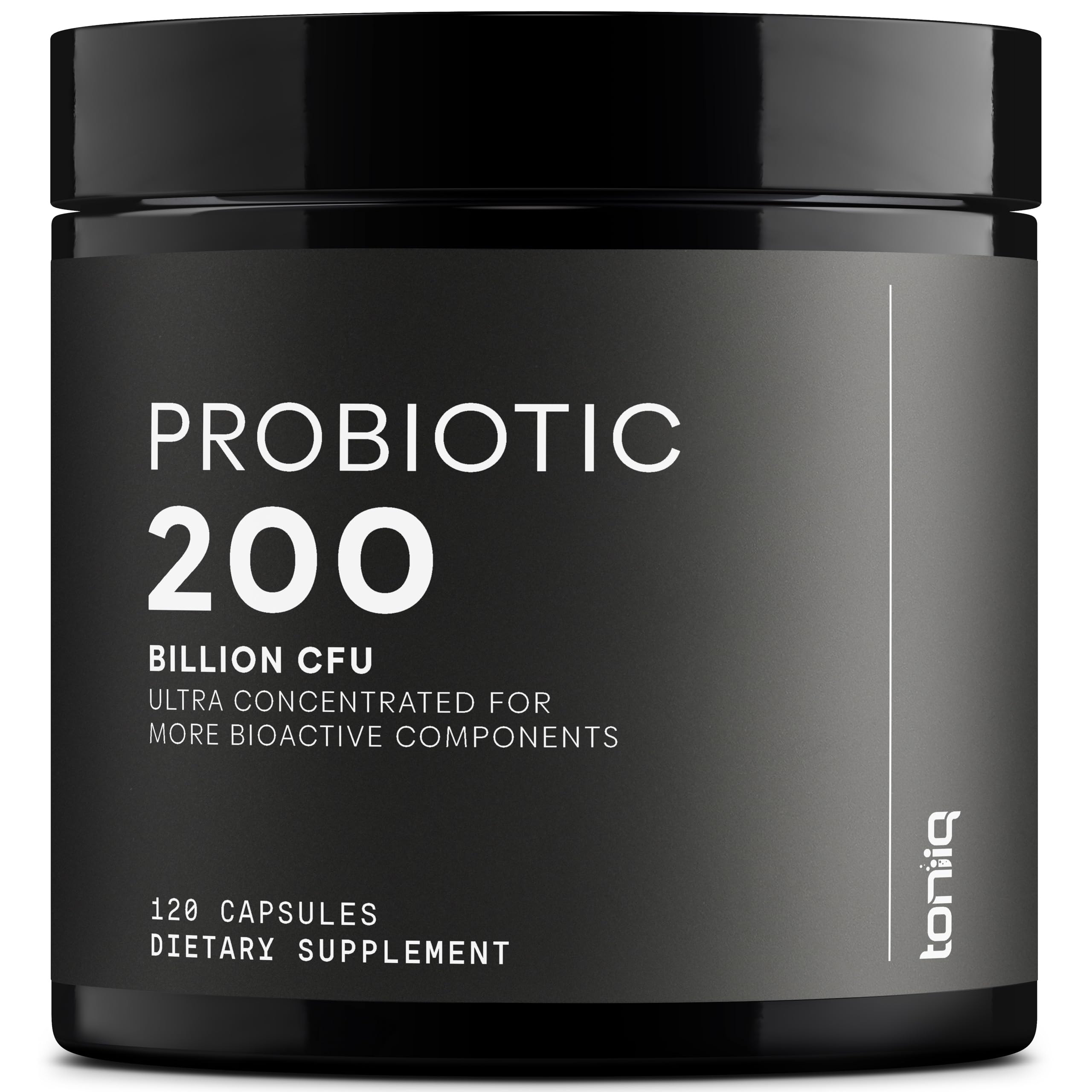 Toniiq 200 Billion CFU probiotic bottle front showing high-potency gut support.