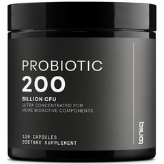 Toniiq 200 Billion CFU probiotic bottle front showing high-potency gut support.