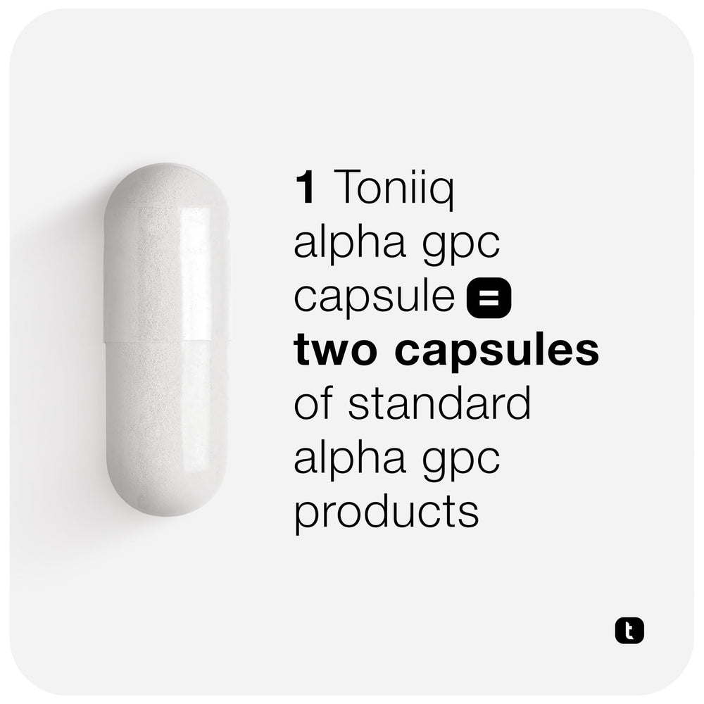 Toniiq Alpha GPC bottle label showing 90%+ purity and strong absorption