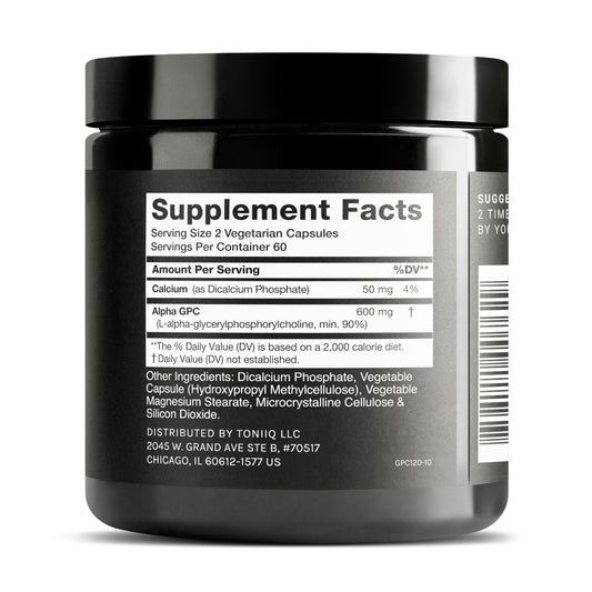 Toniiq Alpha GPC capsules closeup 600mg highlighting concentrated purity