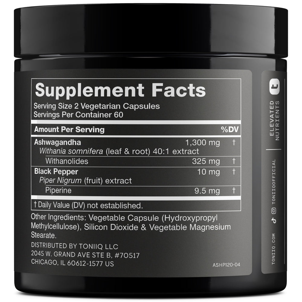 Toniiq Ashwagandha label close-up highlights high withanolide content