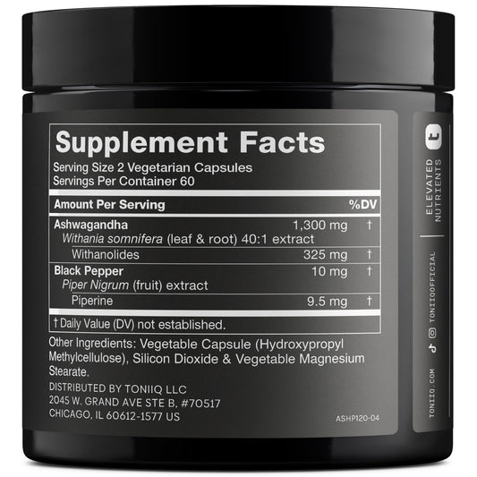 Toniiq Ashwagandha label close-up highlights high withanolide content