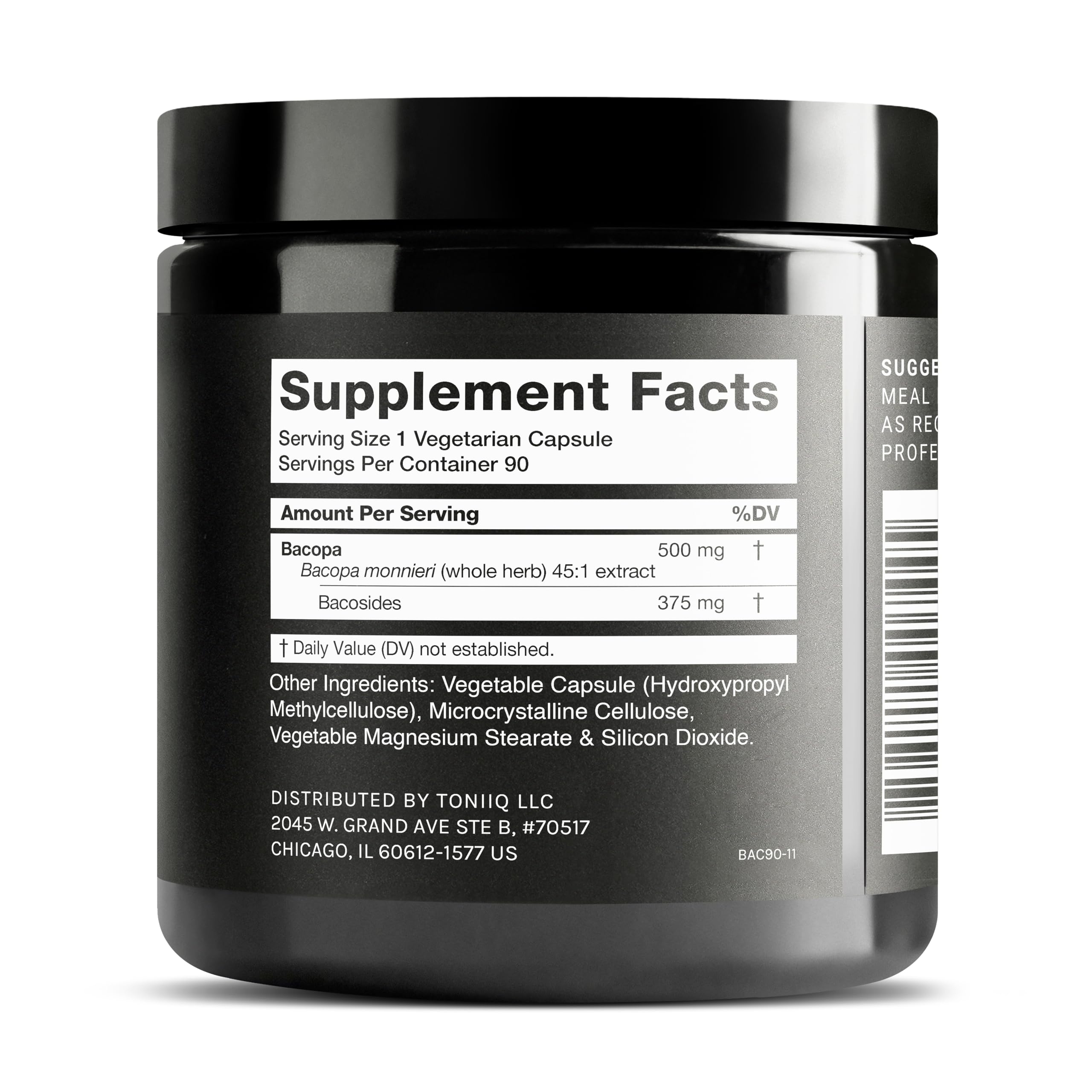 Toniiq Bacopa capsules closeup highlighting 500 mg potency and bacoside content.