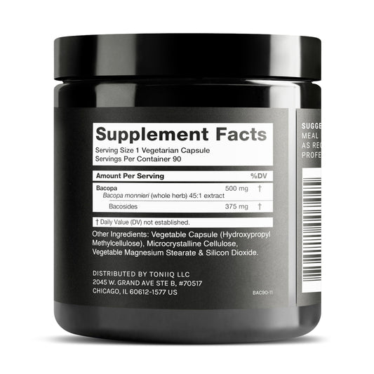 Toniiq Bacopa capsules closeup highlighting 500 mg potency and bacoside content.
