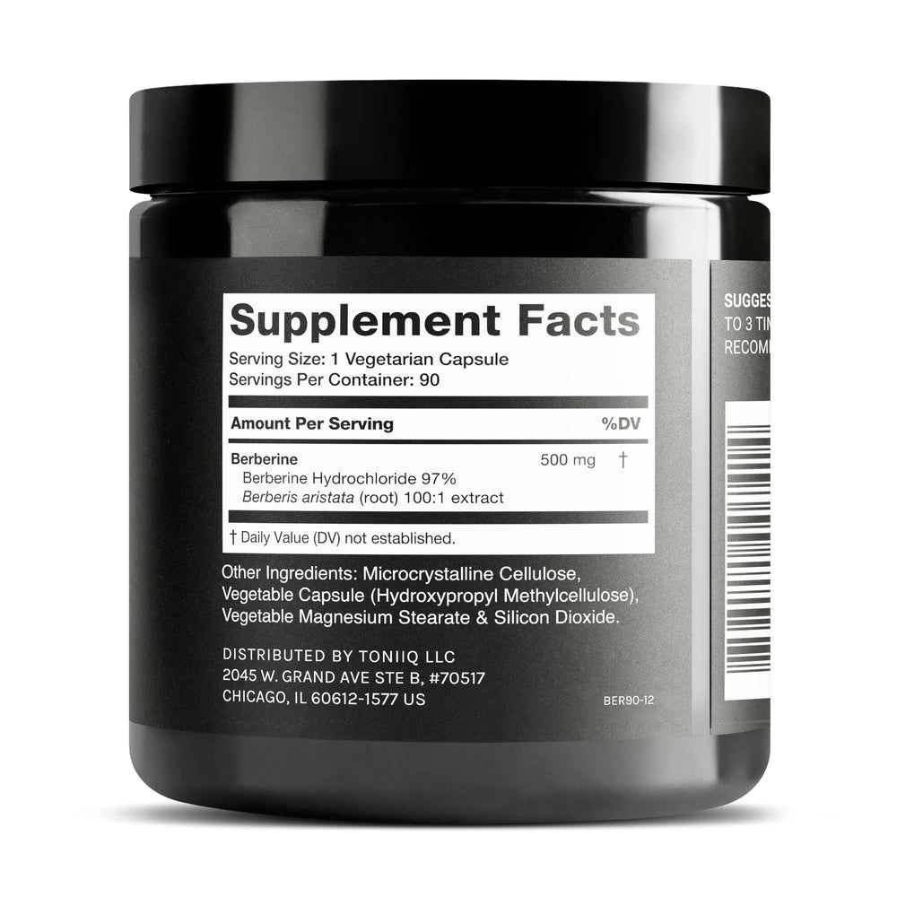 Toniiq Berberine 90 capsules on shelf signaling long-lasting supply.