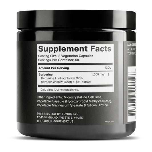 Toniiq Berberine HCl 97% purity jar emphasizes standardized potency and reliability
