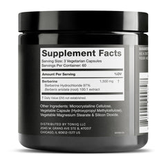Toniiq Berberine HCl 97% purity jar emphasizes standardized potency and reliability