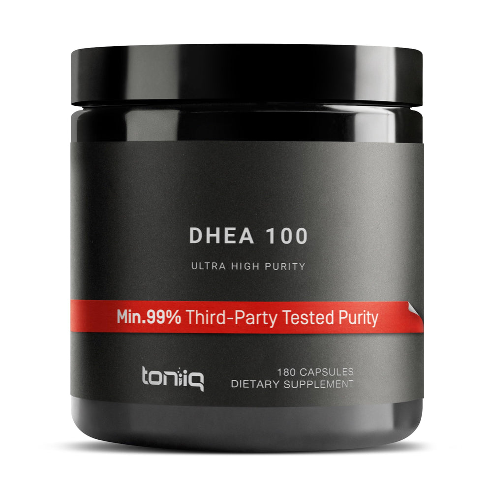 Toniiq DHEA 100mg bottle front showing premium packaging and purity emphasis.