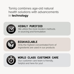 Toniiq lab report next to bottle highlighting batch testing.