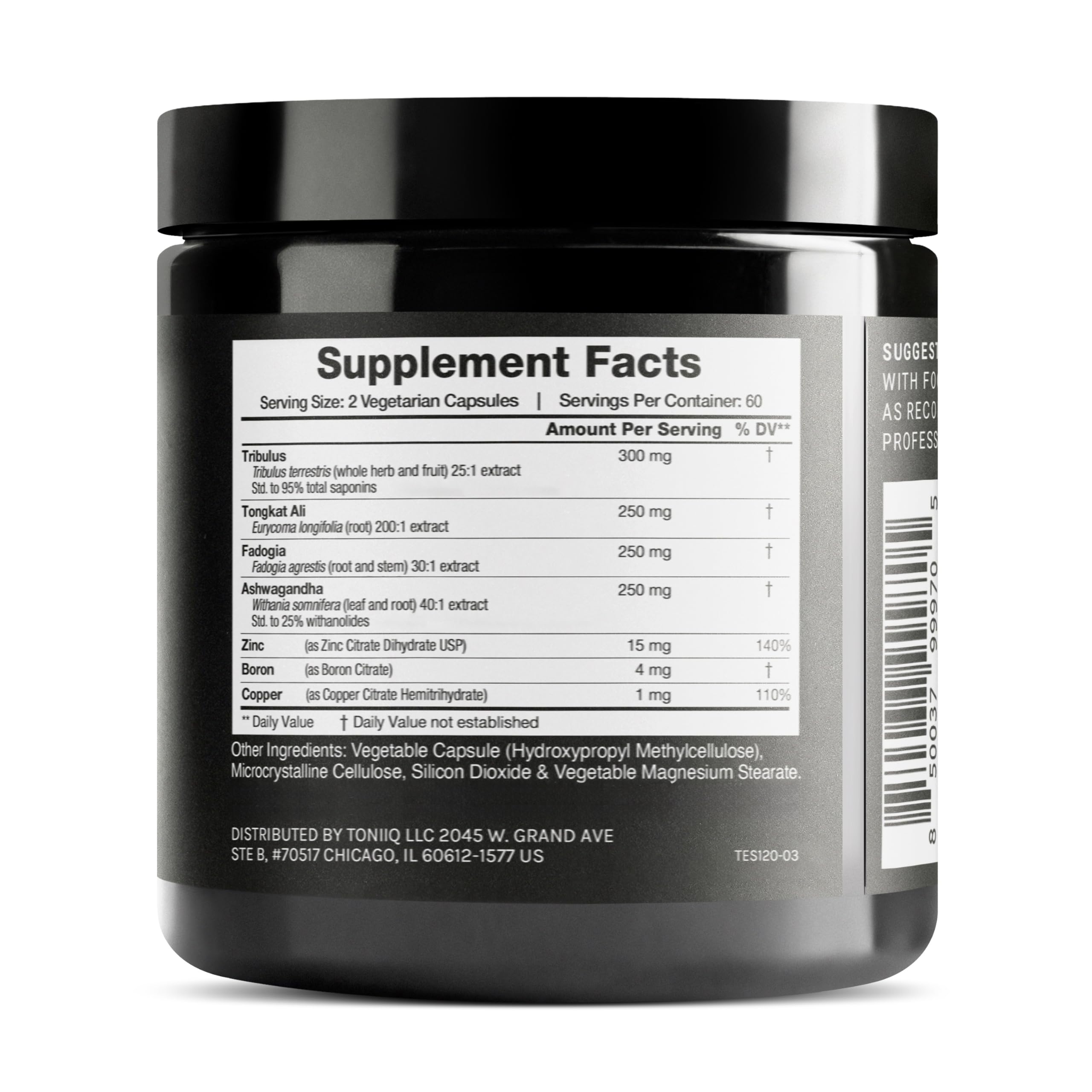 Toniiq Elite T Formula capsules close-up suggesting high-potency tribulus for athletic support.