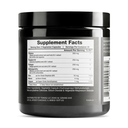 Toniiq Elite T Formula capsules close-up suggesting high-potency tribulus for athletic support.