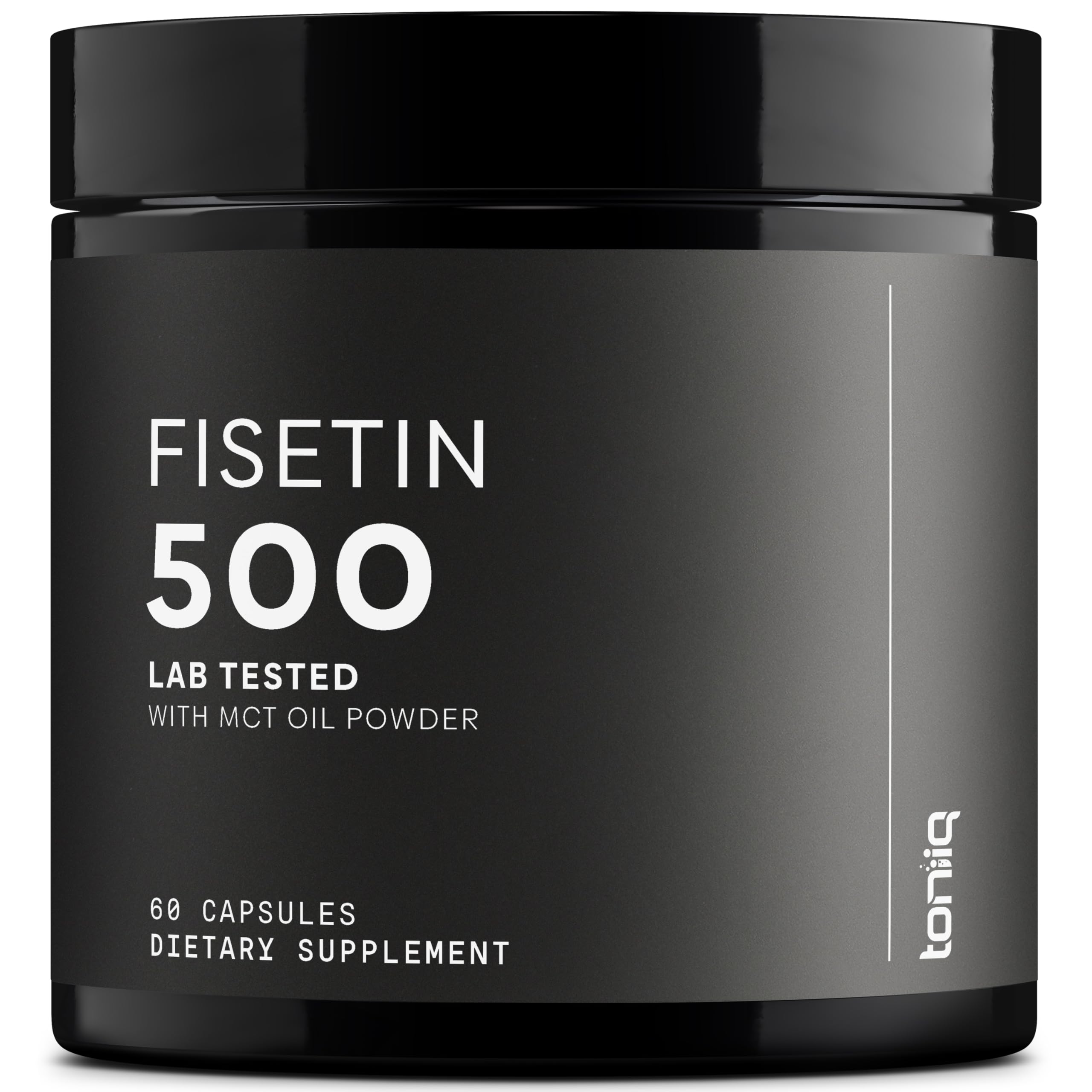 Toniiq Fisetin 500mg capsules on a bottle, highlighting high purity for daily use