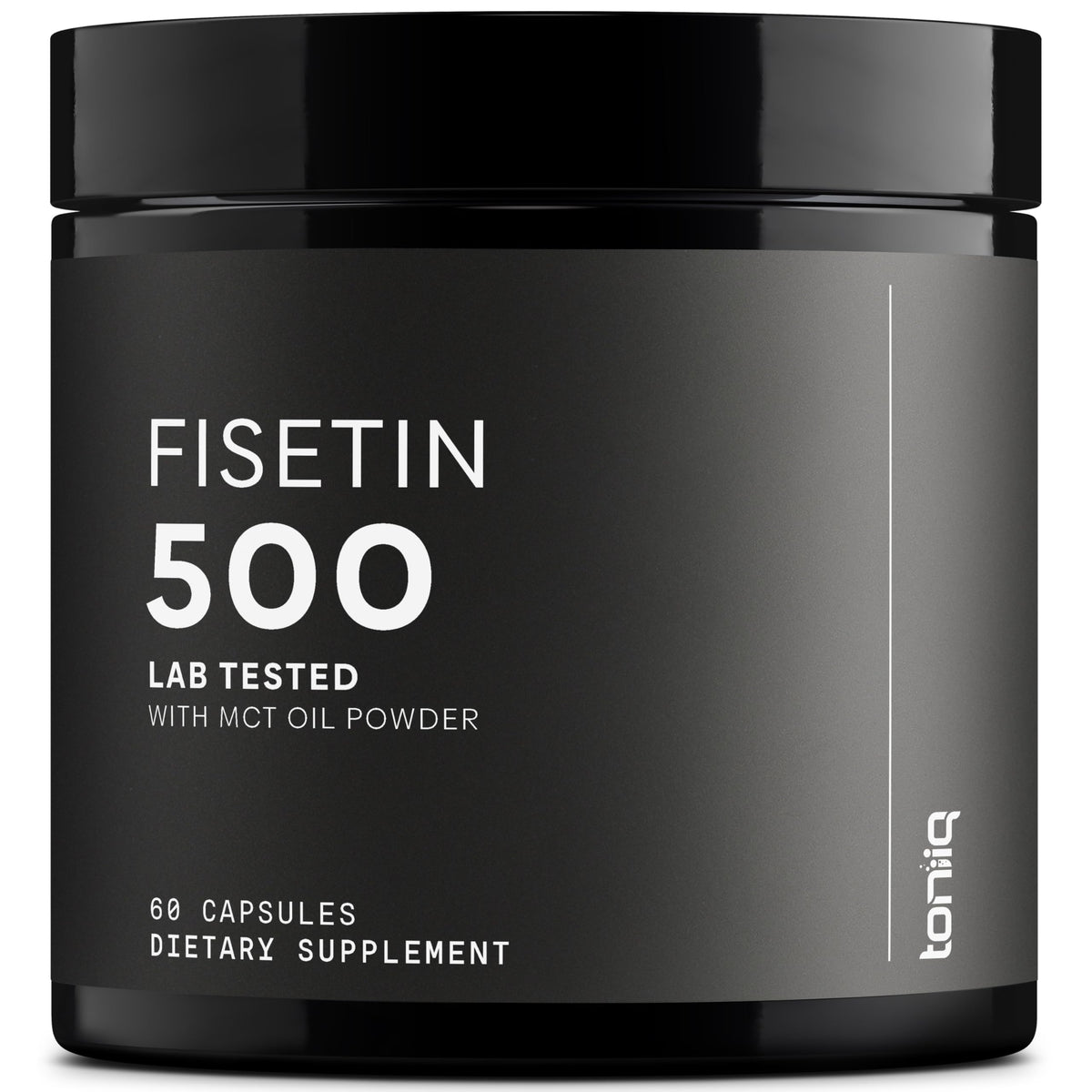 Toniiq Fisetin 500mg capsules on a bottle, highlighting high purity for daily use