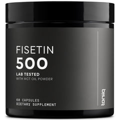 Toniiq Fisetin 500mg capsules on a bottle, highlighting high purity for daily use