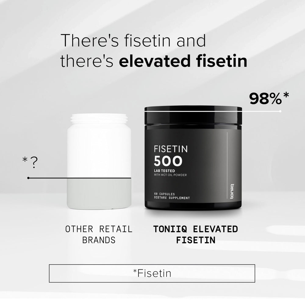 Capsule close-up showing refined 98%+ fisetin purity