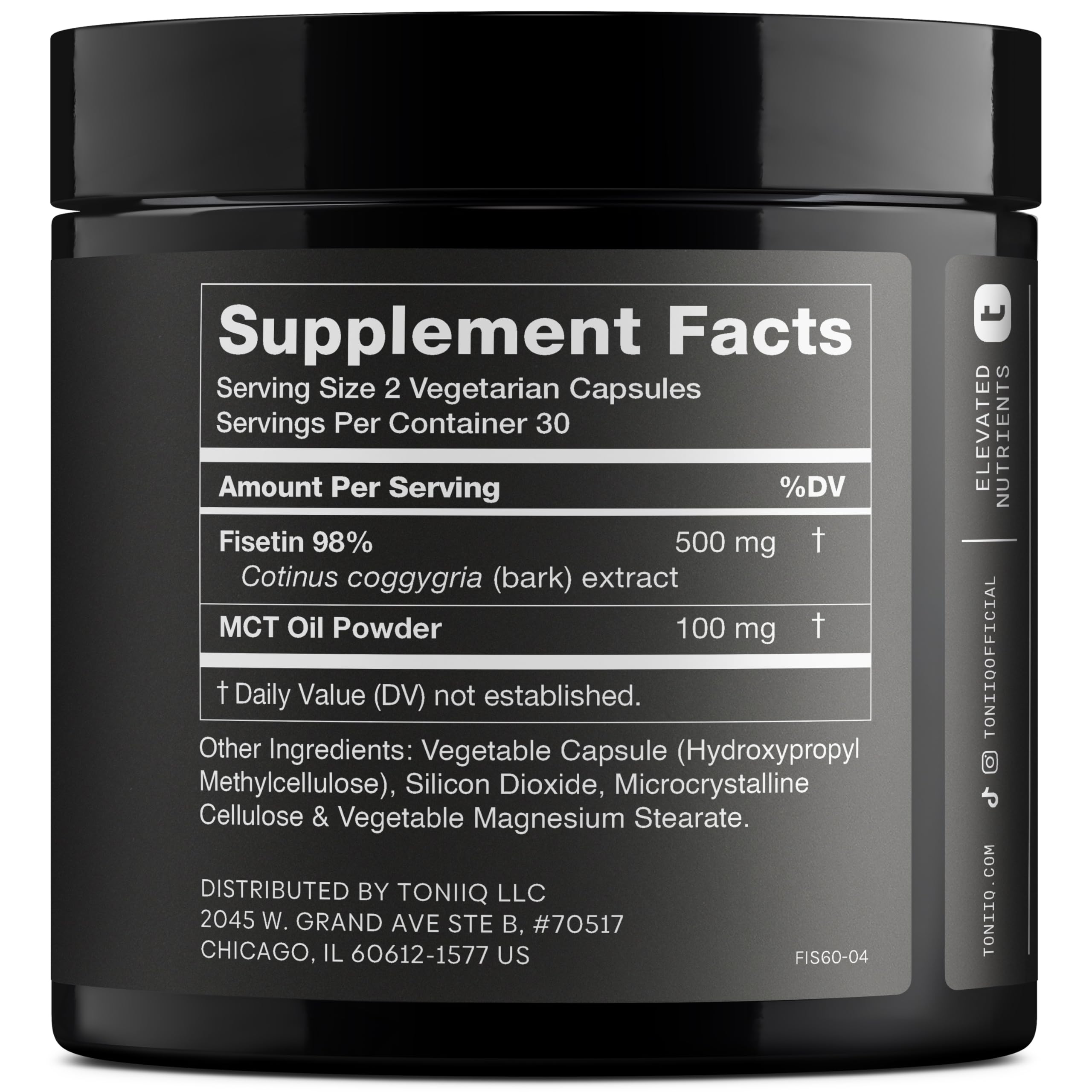 Close-up of Toniiq Fisetin capsules with MCT oil for enhanced absorption