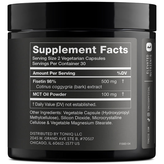 Close-up of Toniiq Fisetin capsules with MCT oil for enhanced absorption