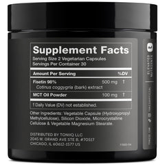 Close-up of Toniiq Fisetin capsules with MCT oil for enhanced absorption