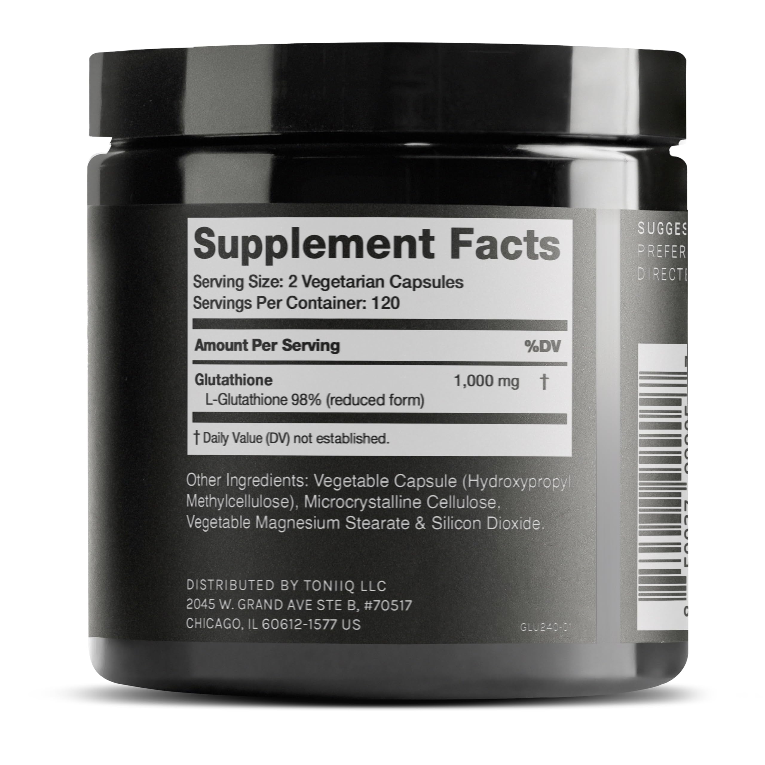 Toniiq Glutathione 98%+ purity label close-up showing quality