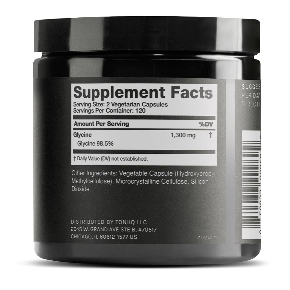 Toniiq Glycine 1300mg capsules for convenient daily dosing.