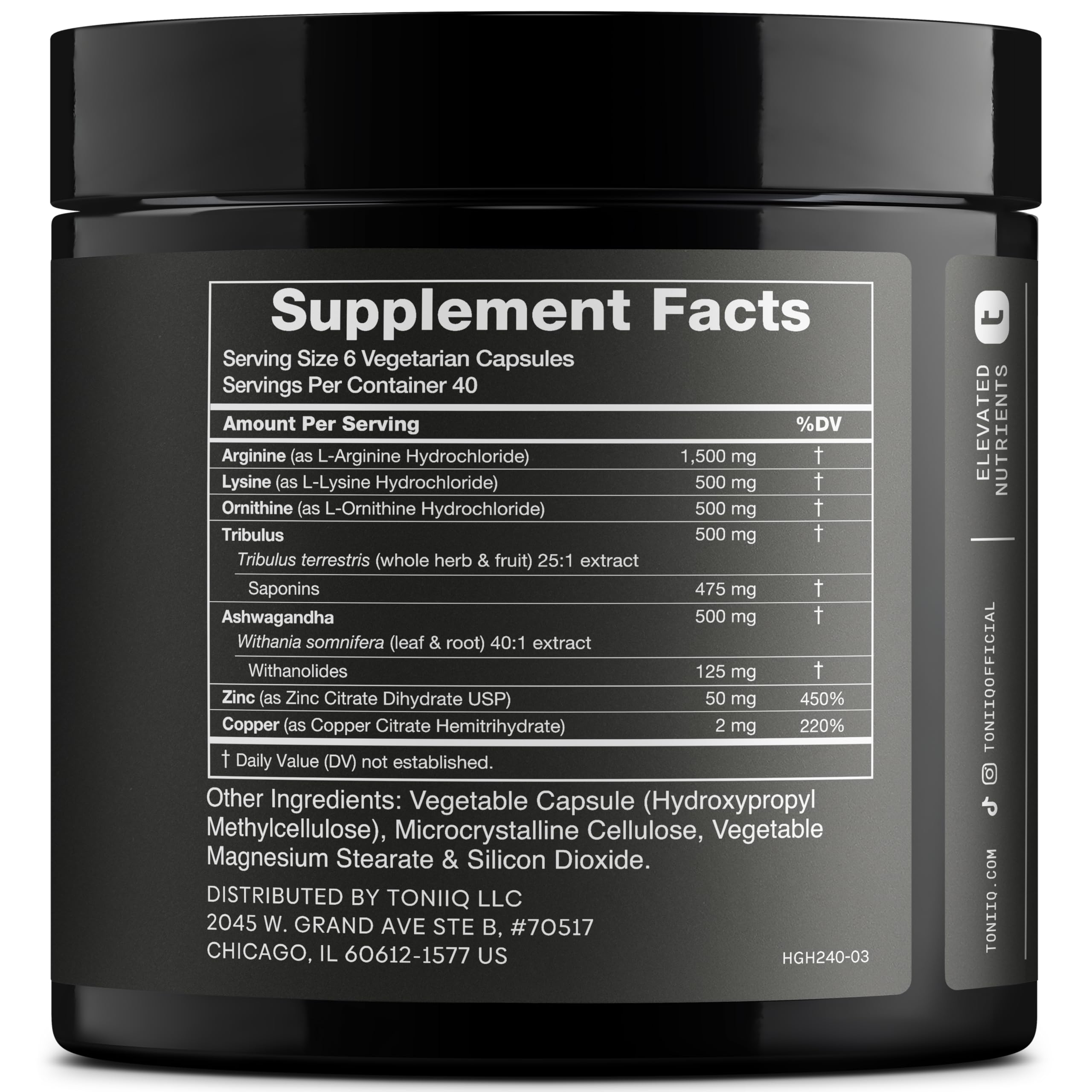 Toniiq HGH supplements bottle back label showing ingredients for energy and recovery.