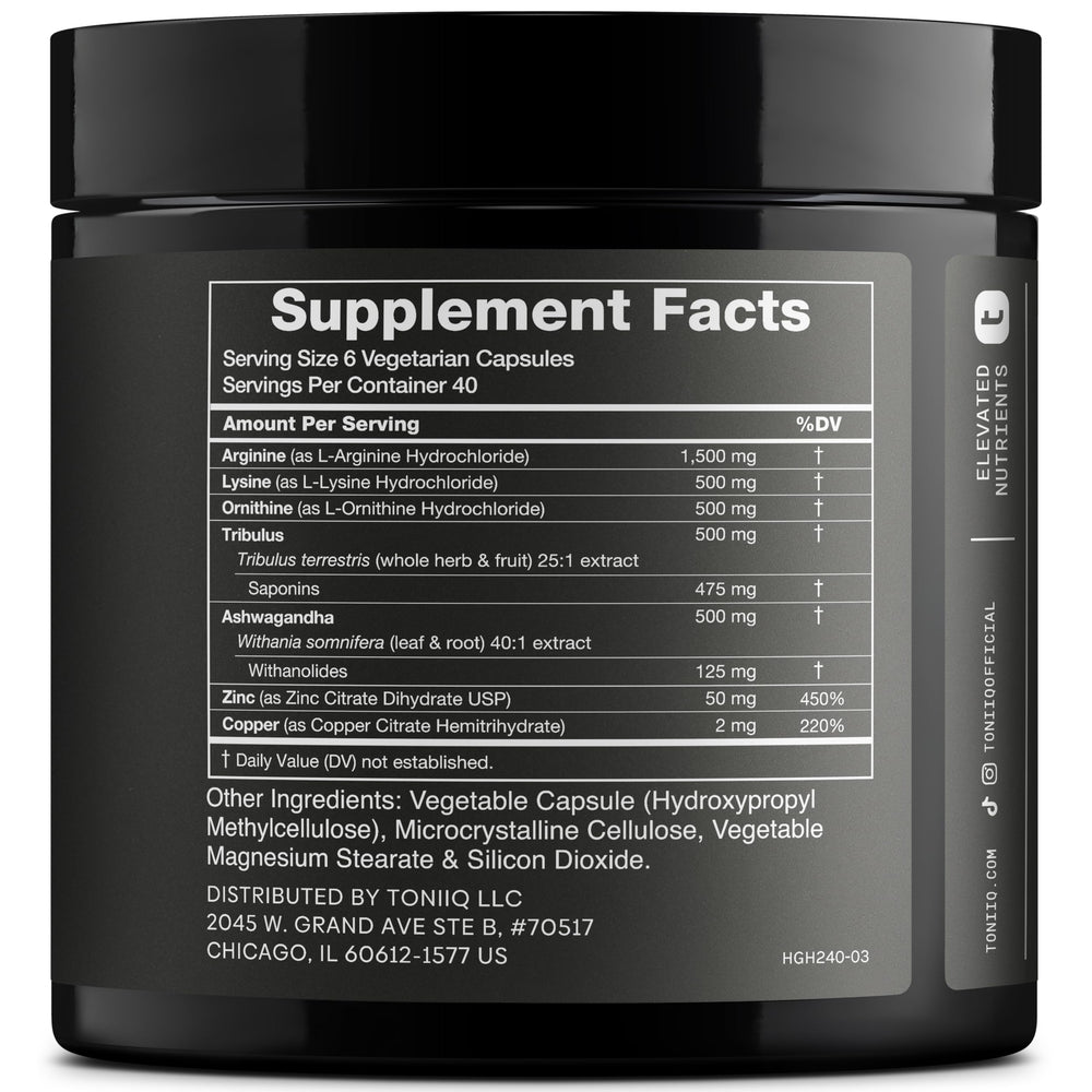 Toniiq HGH supplements bottle back label showing ingredients for energy and recovery.