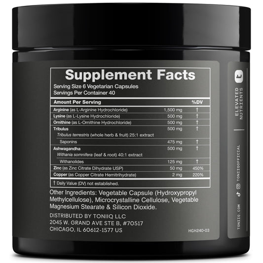 Toniiq HGH supplements bottle back label showing ingredients for energy and recovery.
