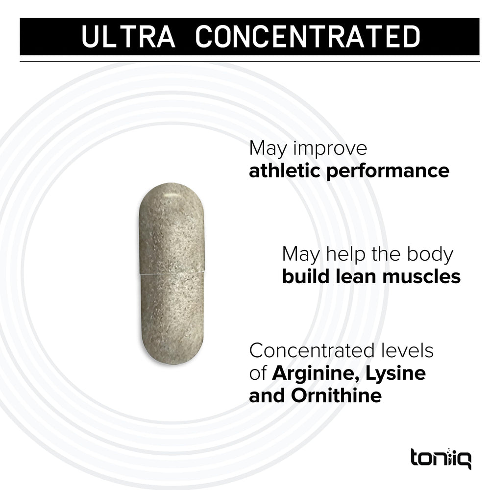 Toniiq HGH ingredients visual featuring arginine, ornithine, lysine, tribulus, and ashwagandha.